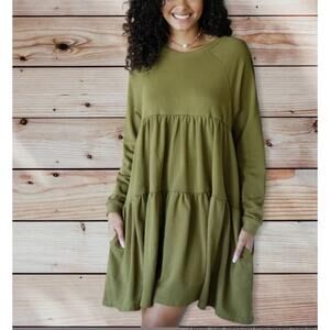 NWT Natural Life Joey Sweatshirt Mini Dress XS/Small Olive Green Crewneck Tiered